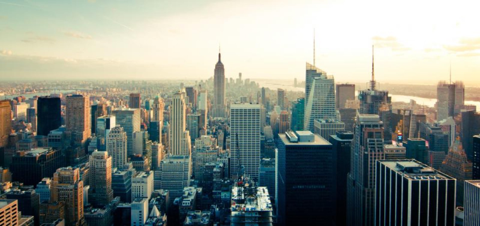 A city skyline in warm light